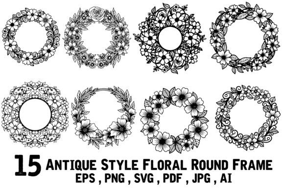 Download 15 Antique Style Floral Round Frame - Floral Collection