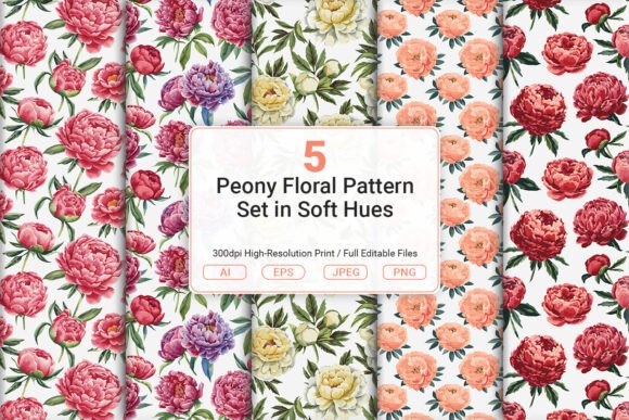Download Peony Floral Pattern Set in Soft Hues - Floral Collection